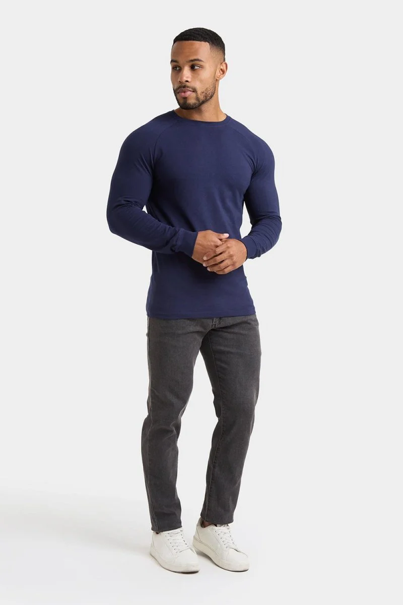 Muscle Fit Long Sleeve T-Shirt in Navy - Image 5