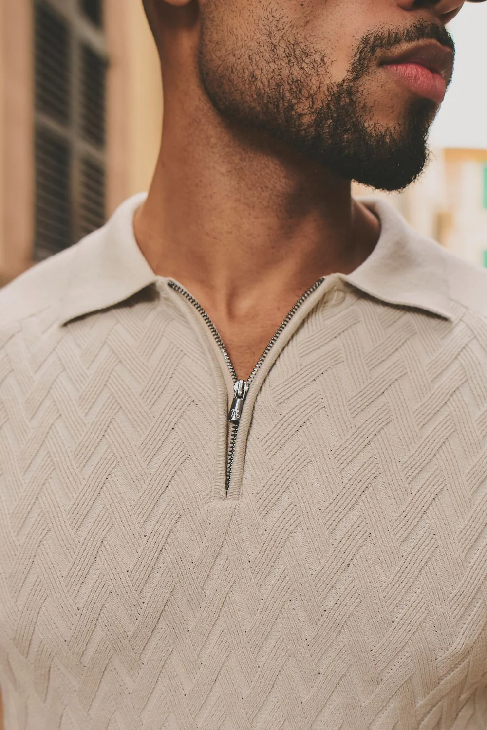 Cable Knitted Zip Polo Shirt in Neutral - Image 4