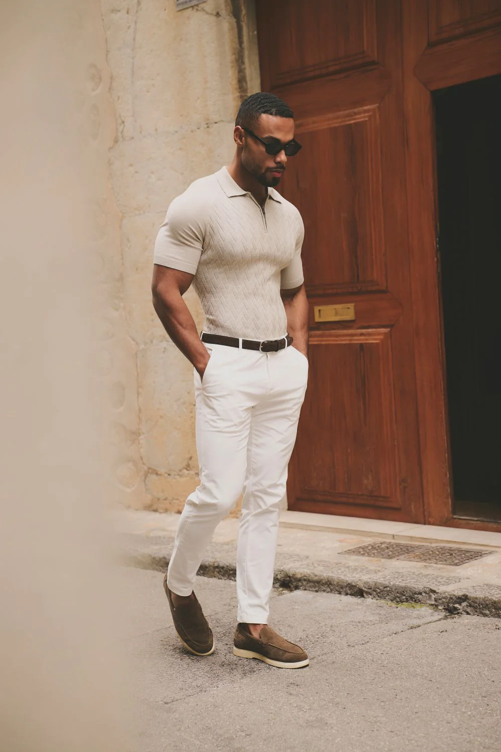 Cable Knitted Zip Polo Shirt in Neutral - Image 5