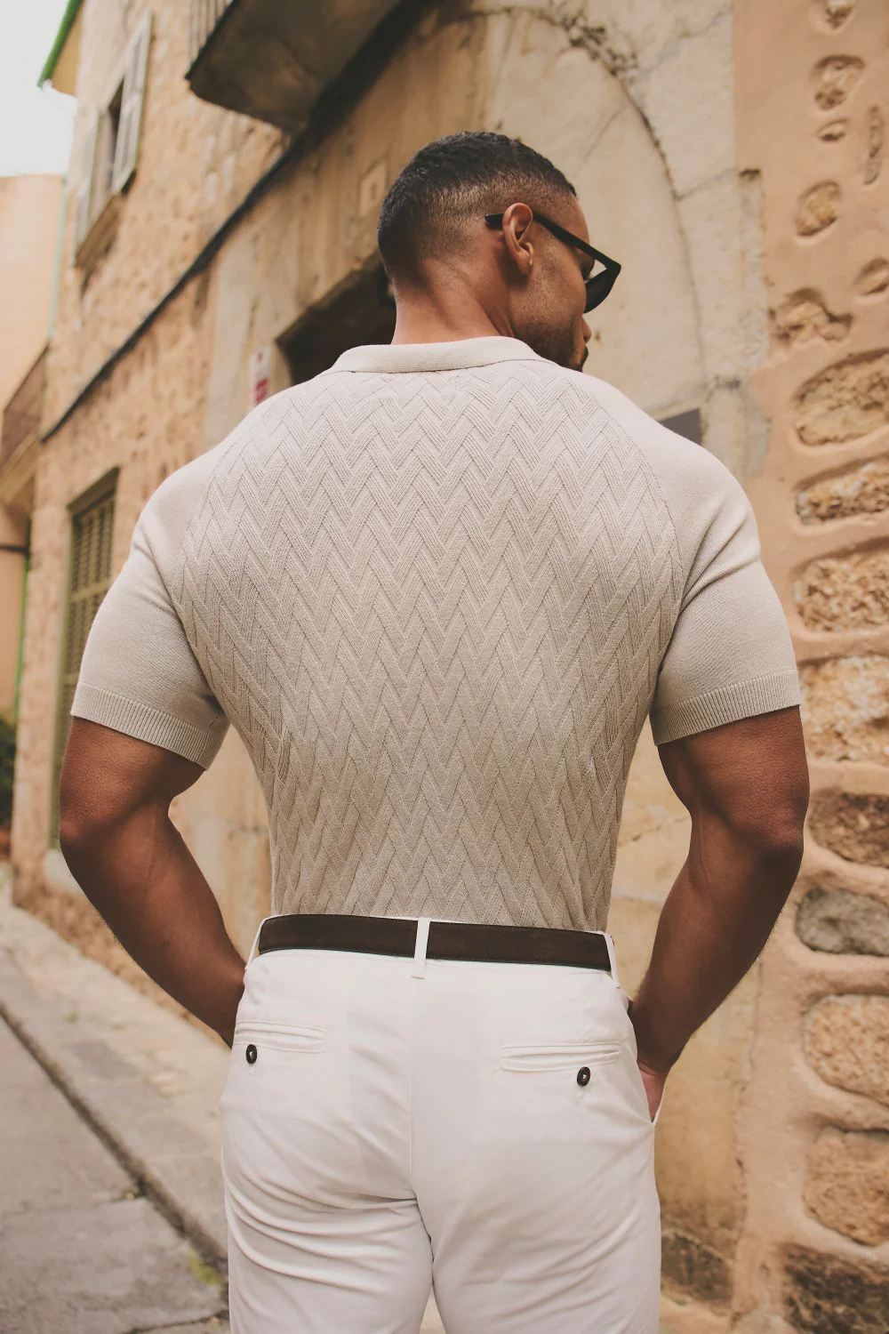 Cable Knitted Zip Polo Shirt in Neutral - Image 7