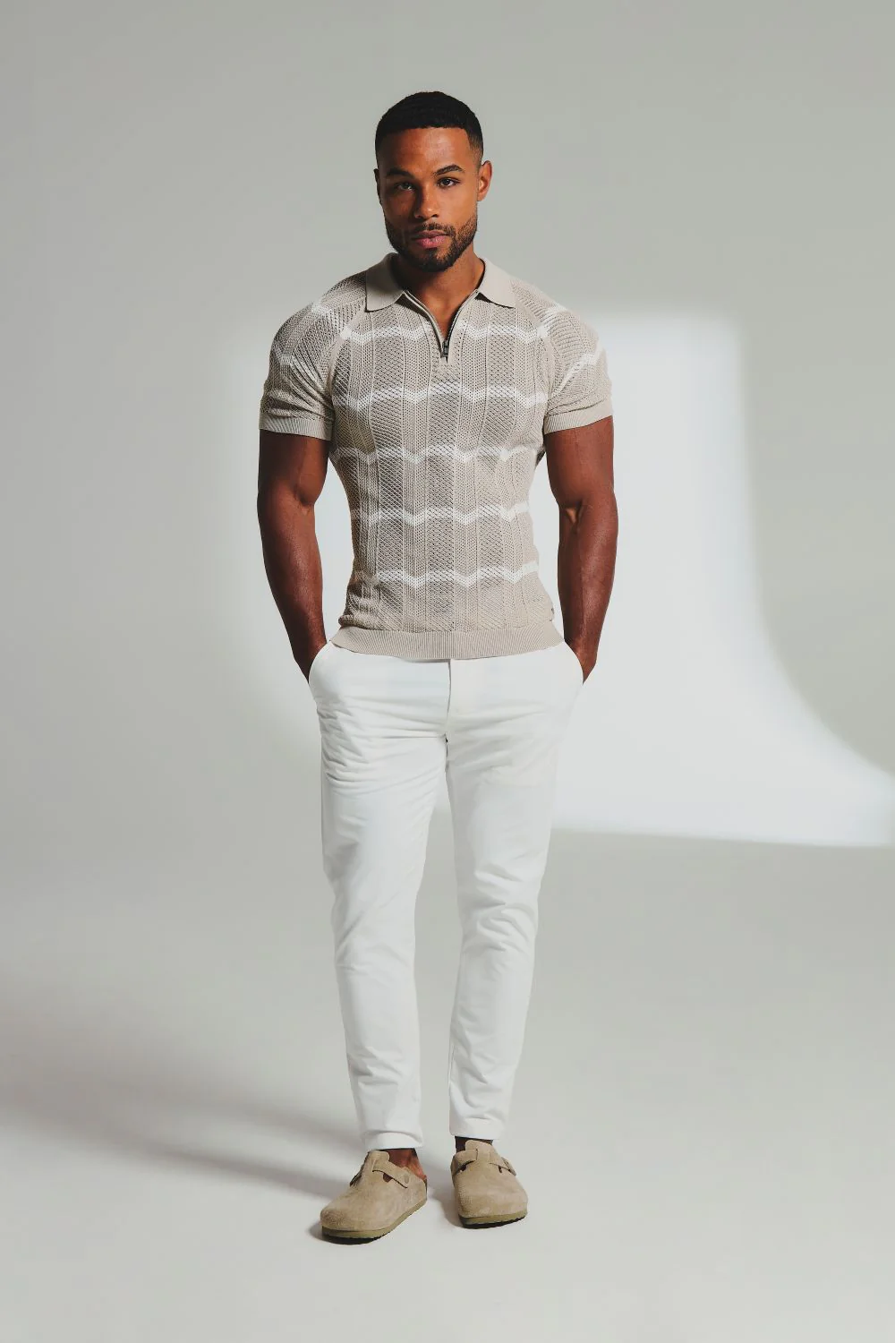 Chevron Textured Knitted Zip Neck Polo Shirt in Stone and Chalk - Image 4