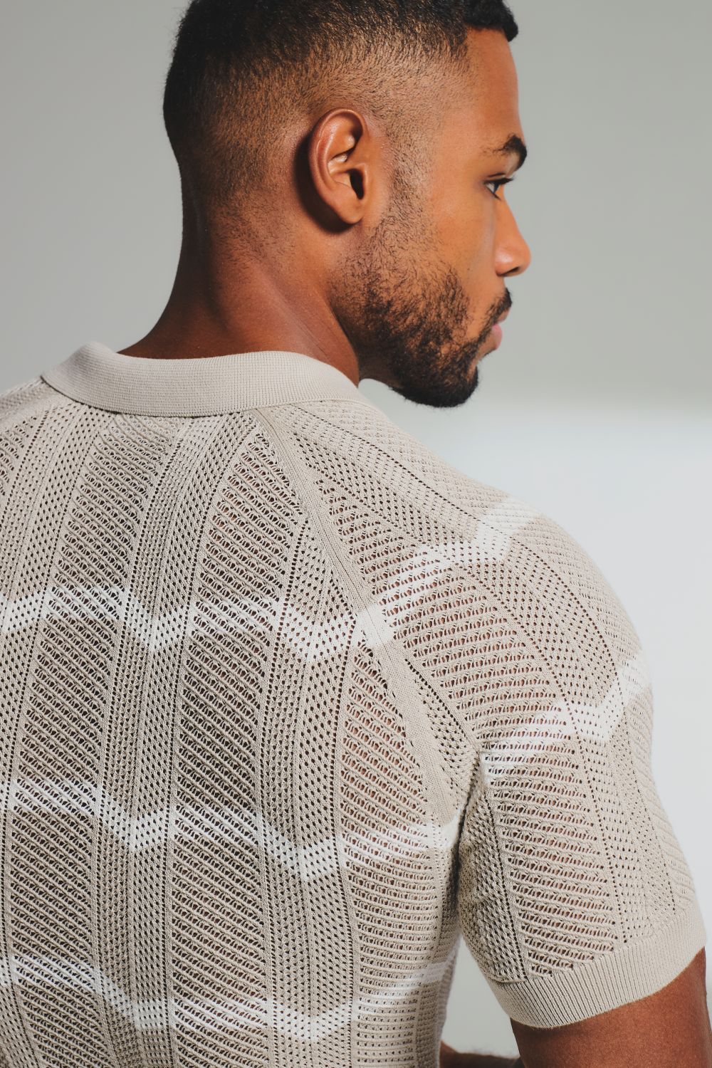 Chevron Textured Knitted Zip Neck Polo Shirt in Stone and Chalk - Image 6