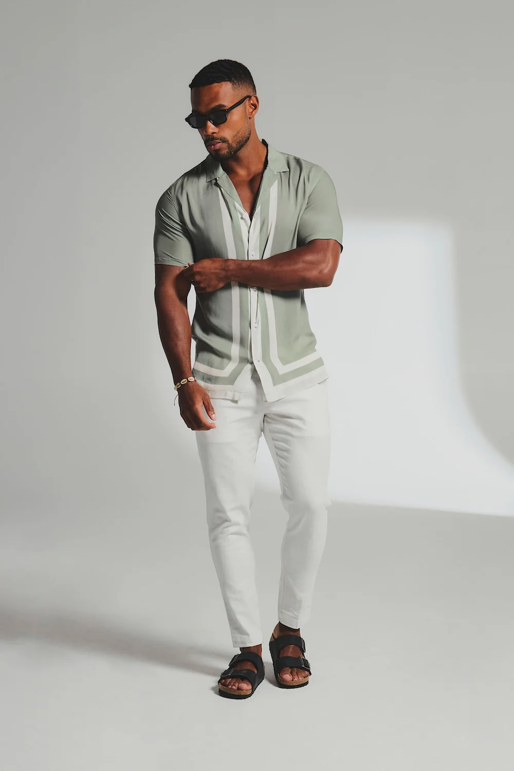 Colour Block Border Shirt in Sage and Cream - Image 3