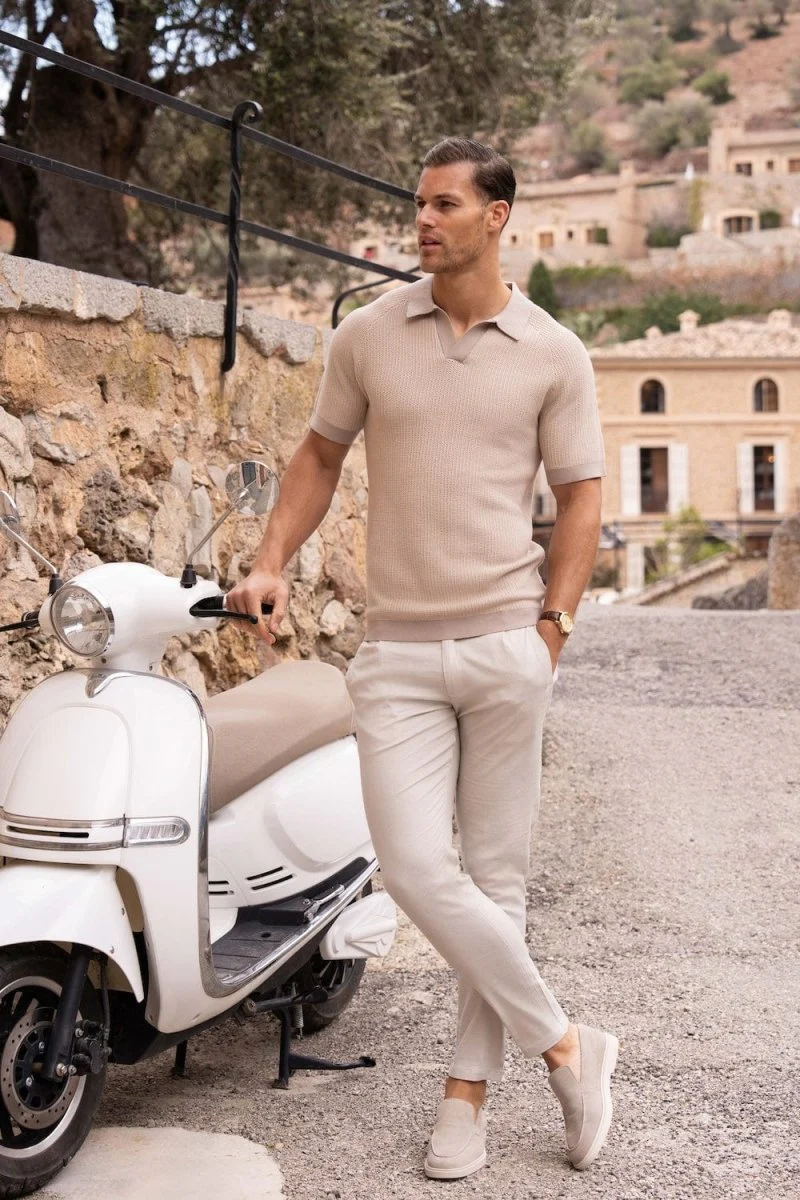 Contrast Textured Knitted Polo Shirt in Stone - Image 5