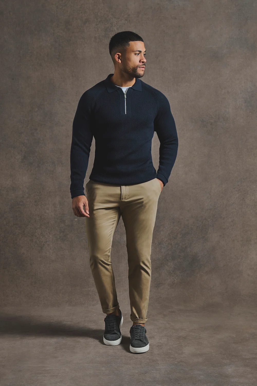 Cotton Textured Knitted Half Zip Polo Shirt in Navy - Image 2