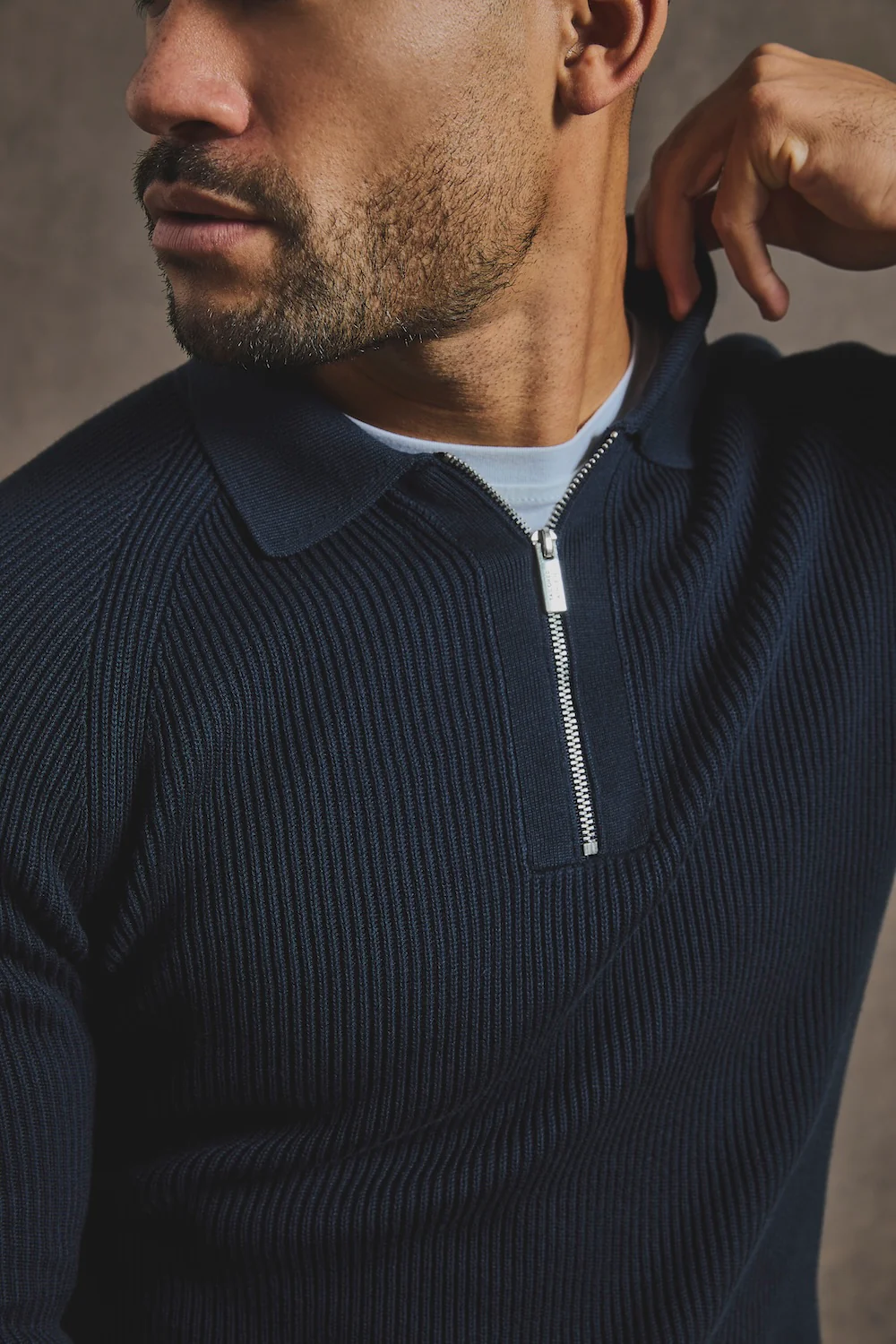 Cotton Textured Knitted Half Zip Polo Shirt in Navy - Image 3