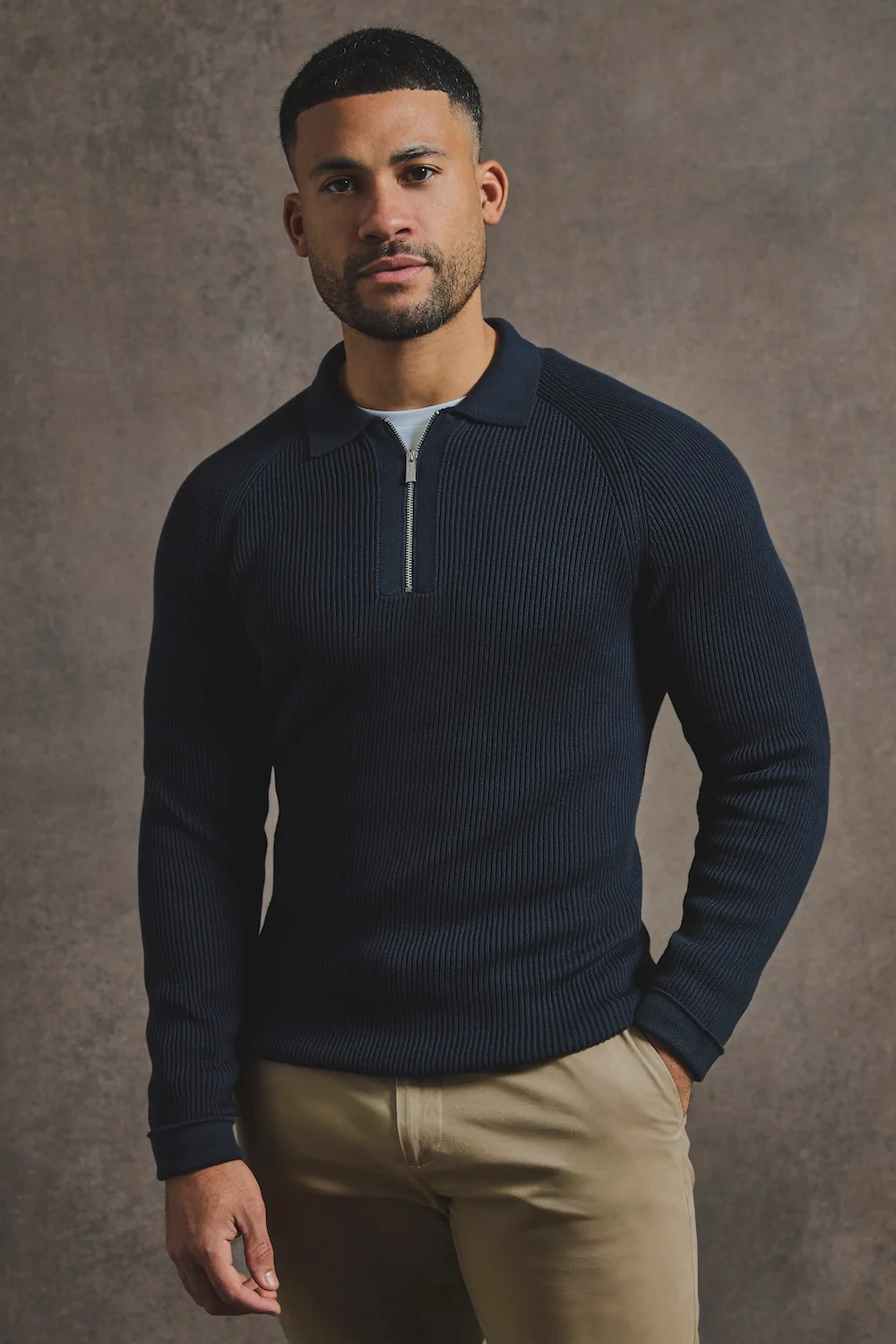 Cotton Textured Knitted Half Zip Polo Shirt in Navy - Image 4