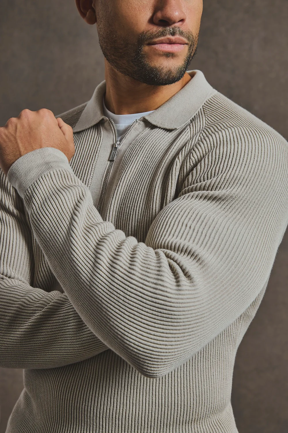 Cotton Textured Knitted Half Zip Polo Shirt in Stone - Image 4