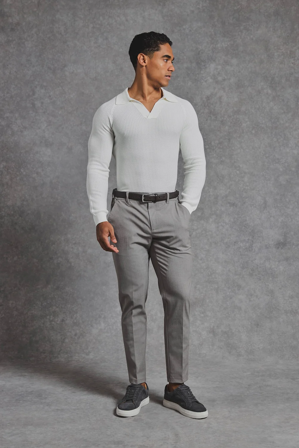Cotton Textured Knitted Open Collar Polo Shirt in Winter White - Image 3