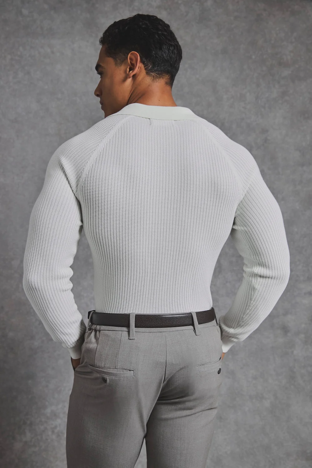 Cotton Textured Knitted Open Collar Polo Shirt in Winter White - Image 5