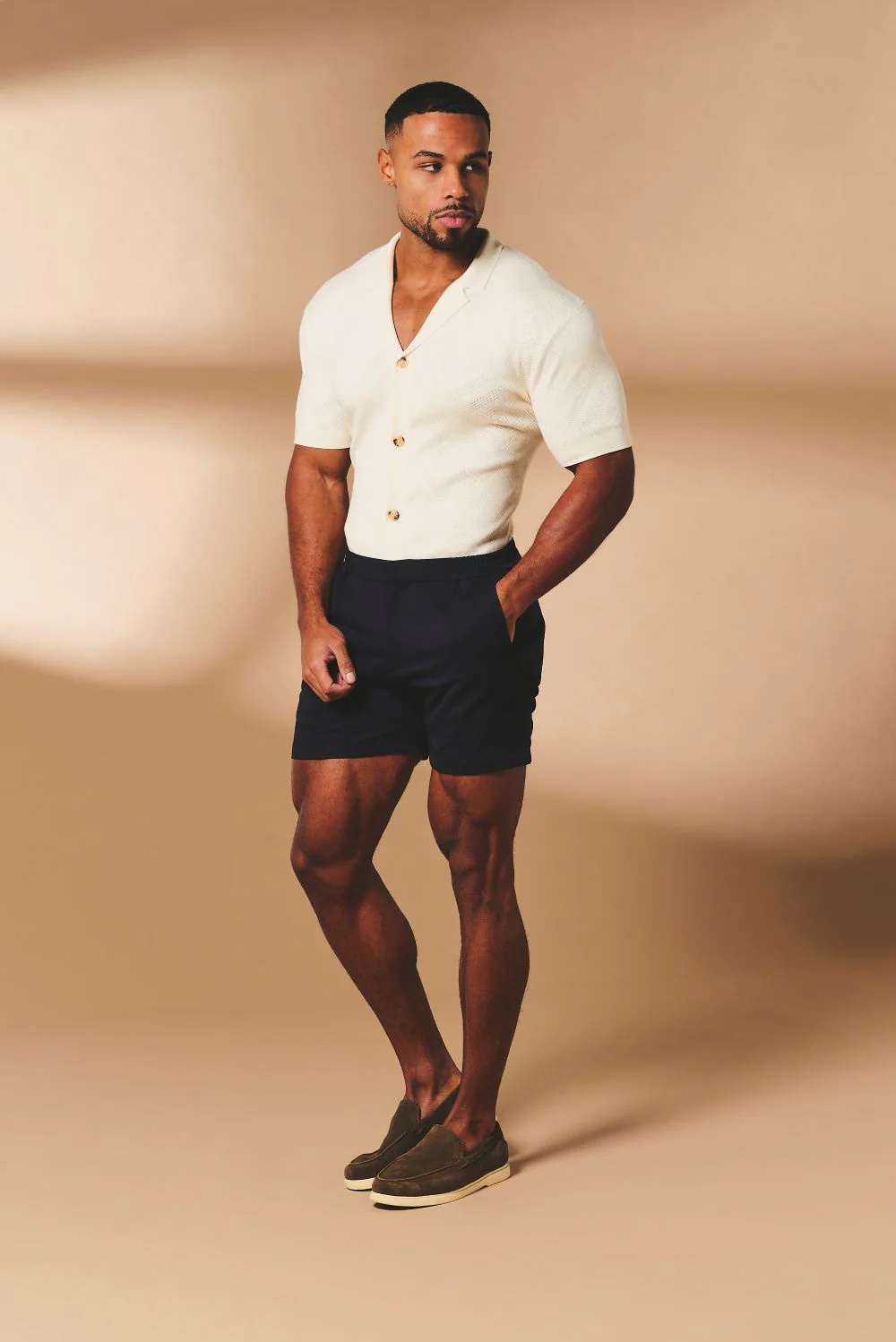 Diamond Jacquard Revere Collar Knitted Shirt in Ecru - Image 4