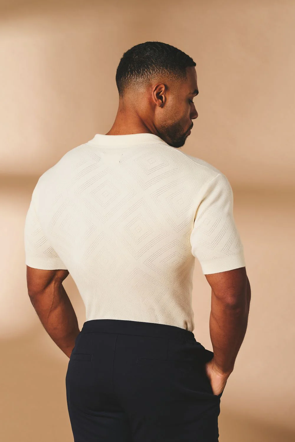 Diamond Jacquard Revere Collar Knitted Shirt in Ecru - Image 6