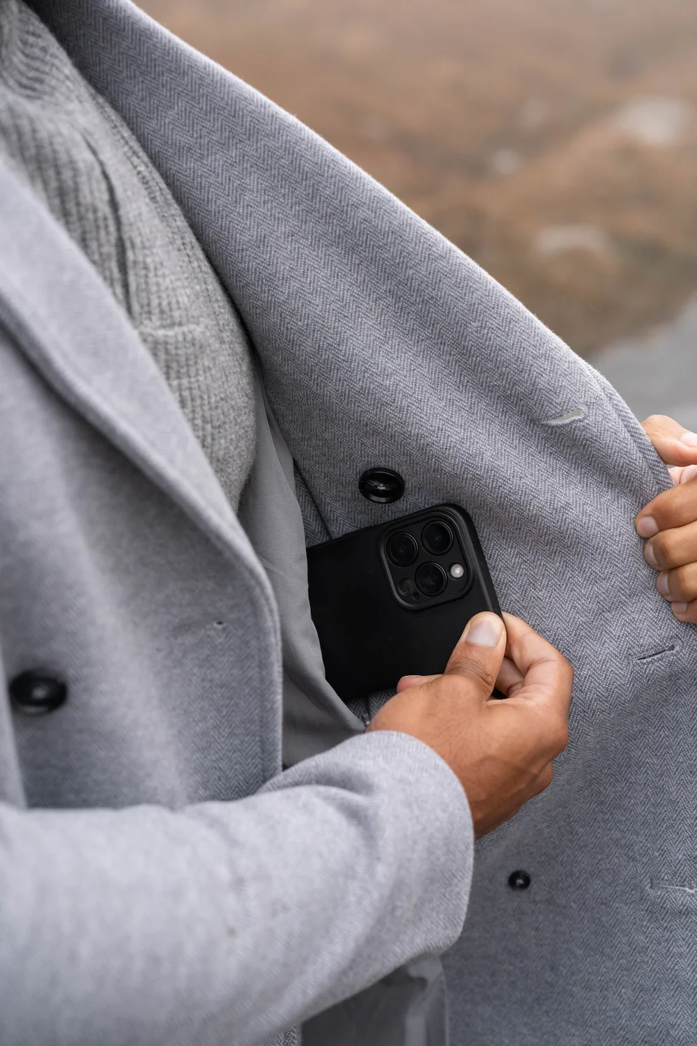 Double Breasted Herringbone Peacoat in Soft Grey - Image 6