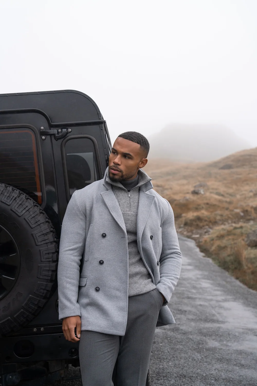 Double Breasted Herringbone Peacoat in Soft Grey - Image 7