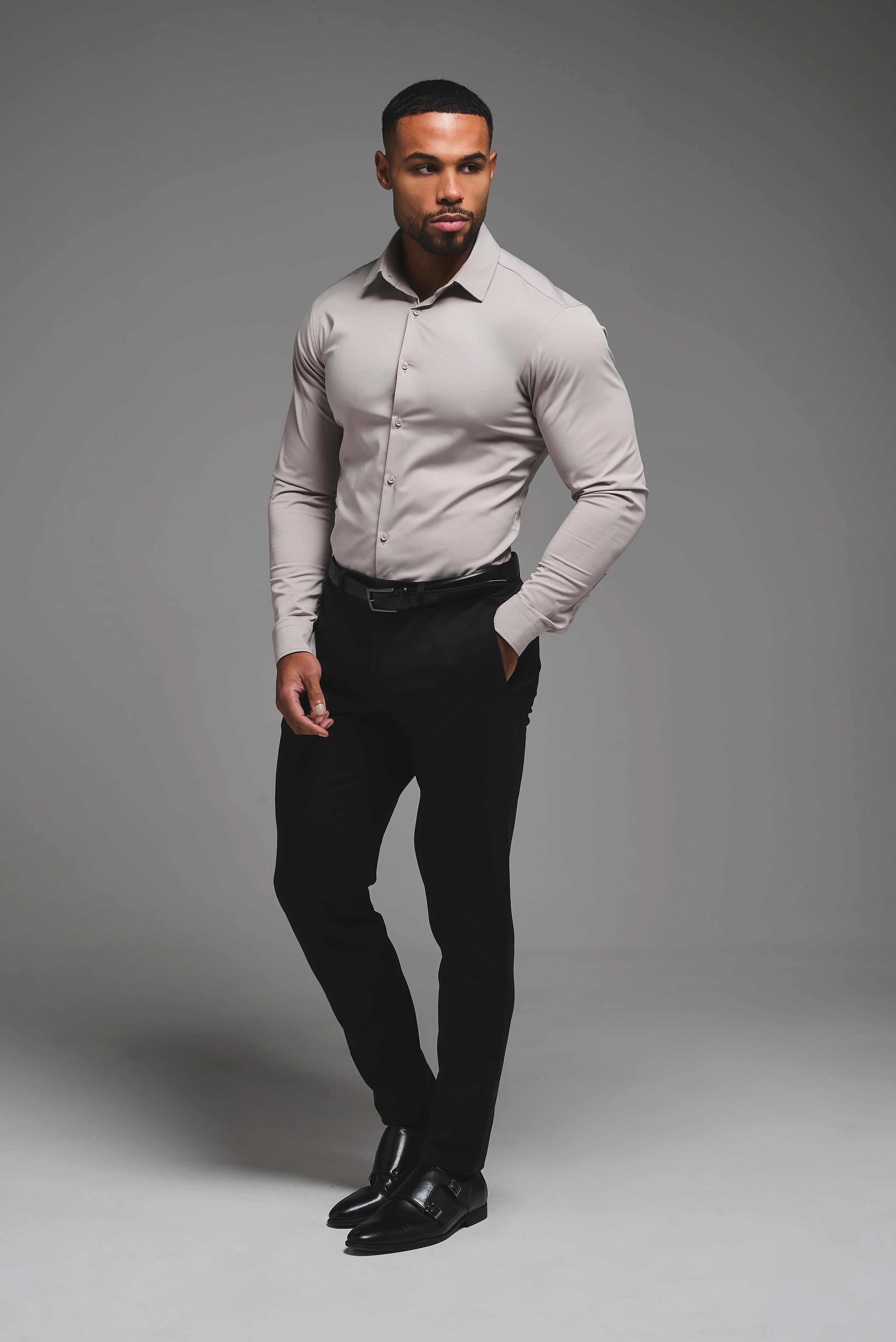 Muscle Fit Dress Shirt in Stone - Image 3