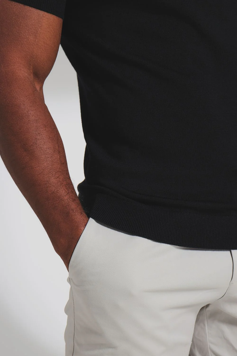 Extra Fine Merino Wool Knitted Open Collar Polo Shirt in Black - Image 5