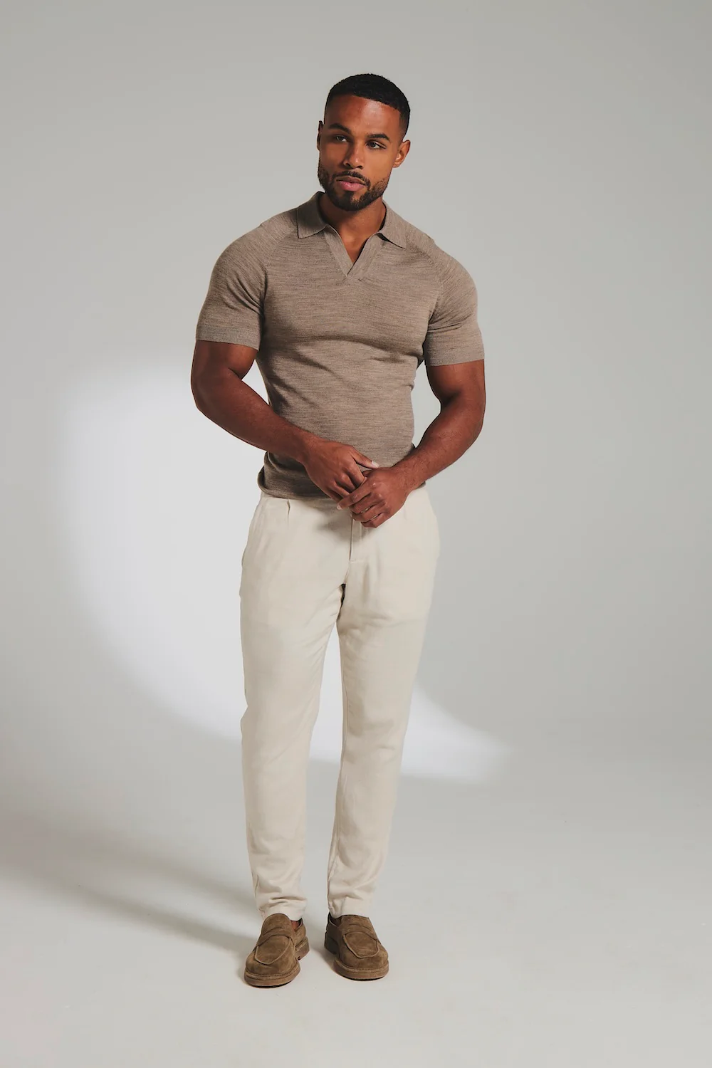 Extra Fine Merino Wool Knitted Open Collar Polo Shirt in Camel Marl - Image 3