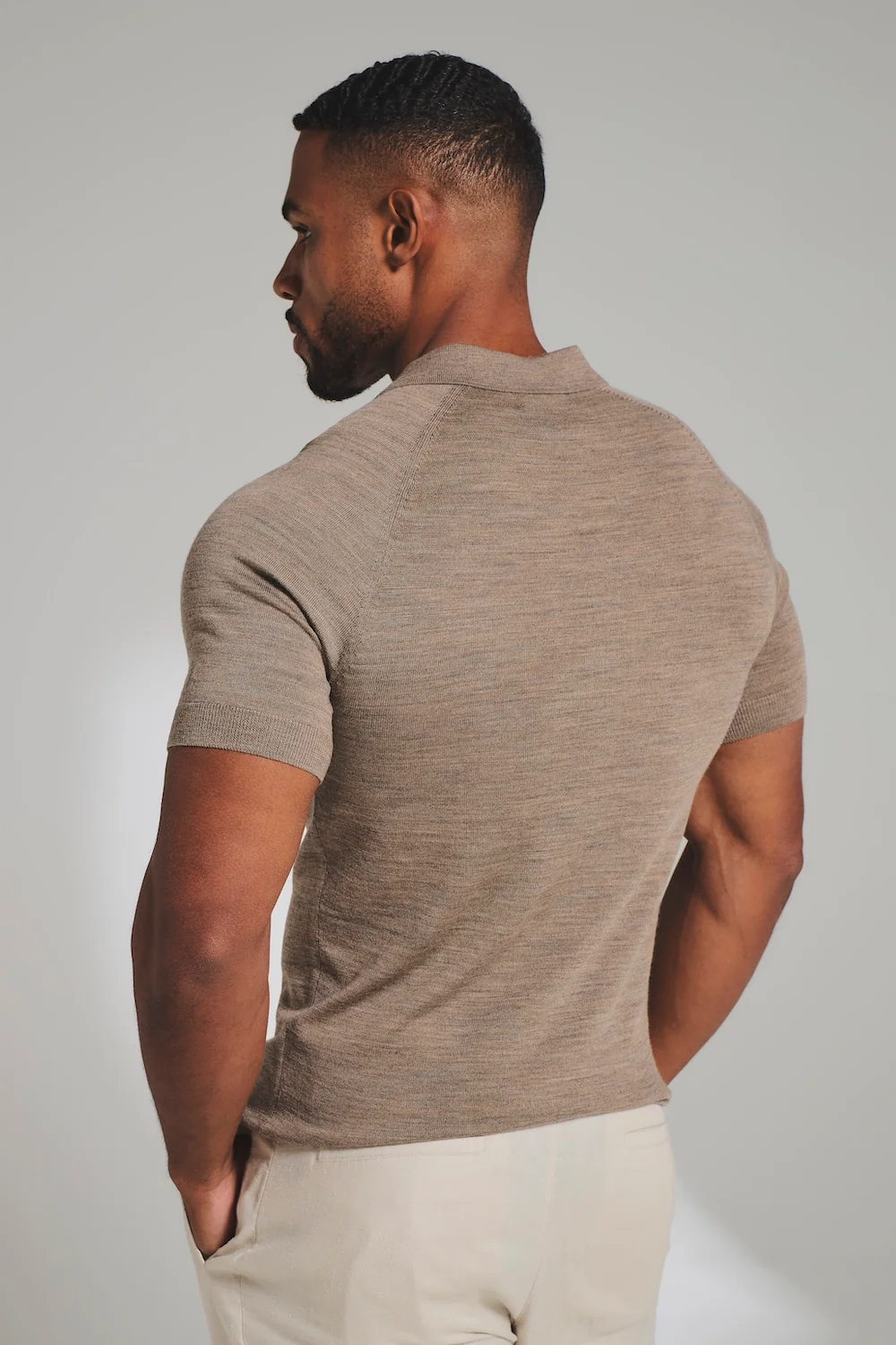 Extra Fine Merino Wool Knitted Open Collar Polo Shirt in Camel Marl - Image 6