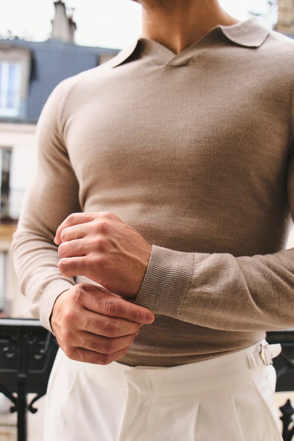 Extra Fine Merino Wool Open Collar Polo Shirt in Wheat Marl - Image 4