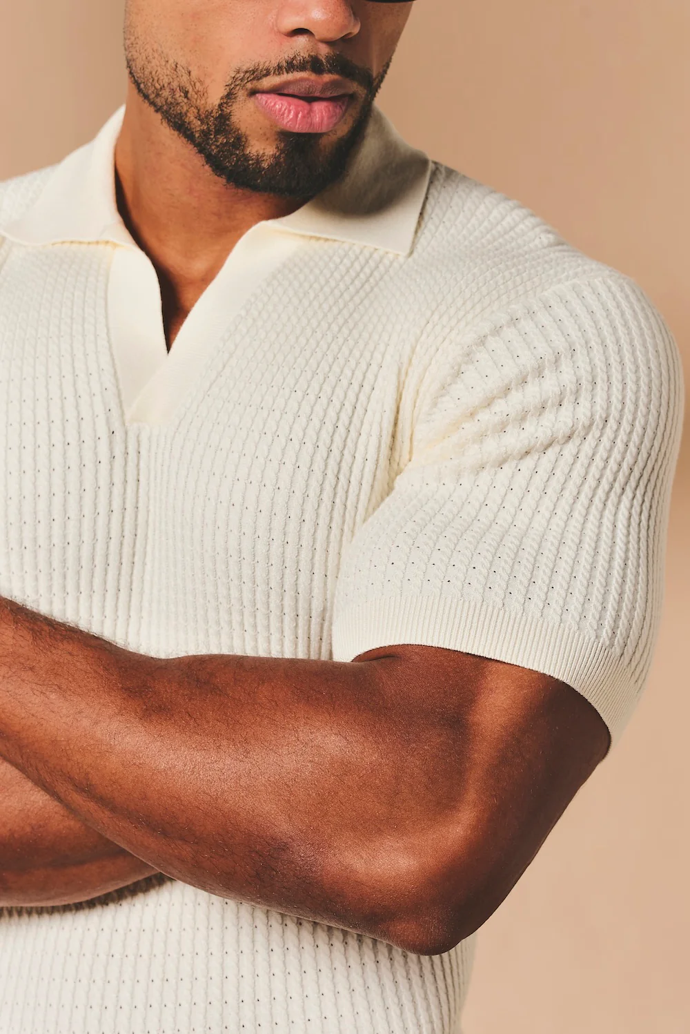 Fine Cable Knitted Open Collar Polo Shirt in Ecru - Image 2