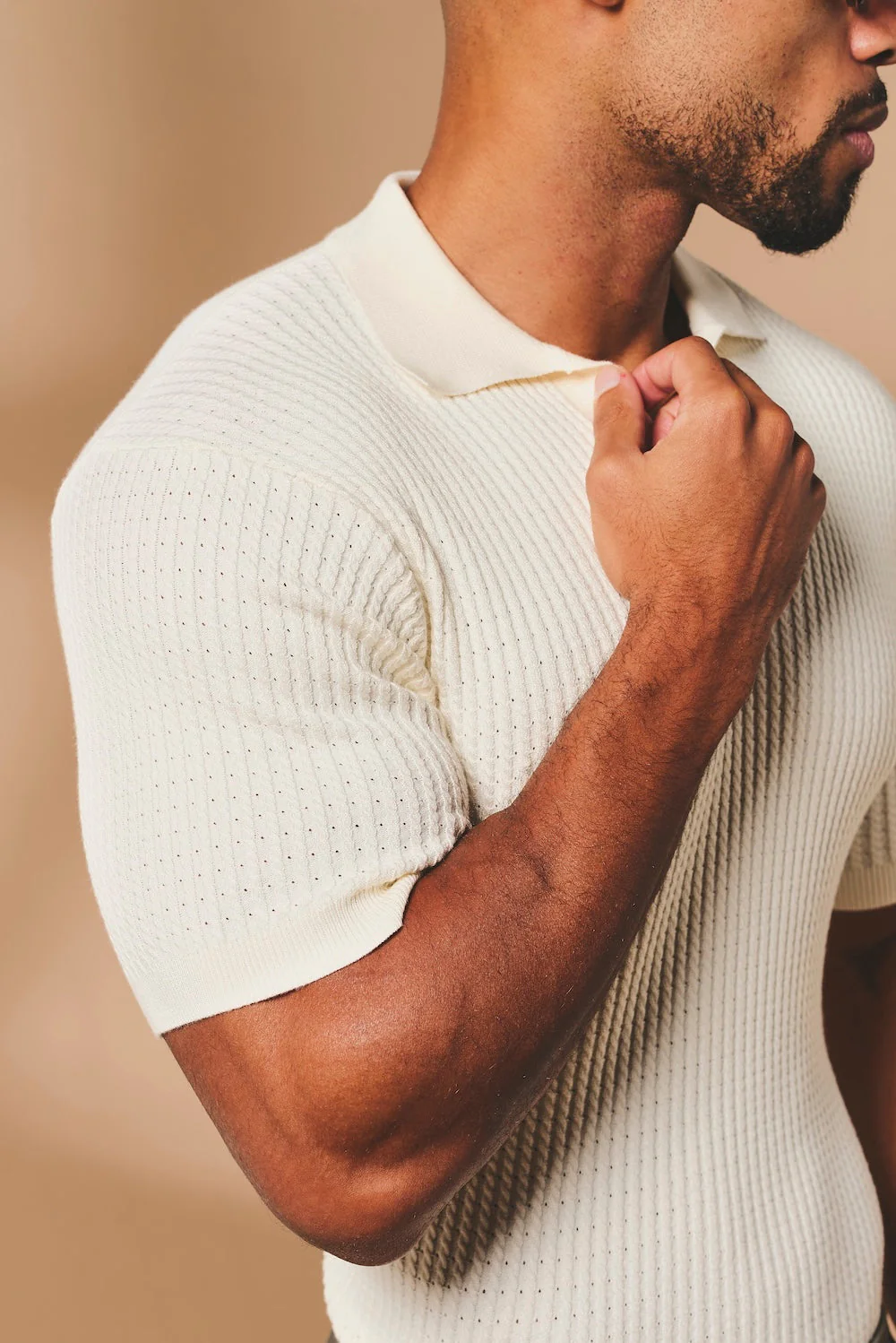 Fine Cable Knitted Open Collar Polo Shirt in Ecru - Image 3
