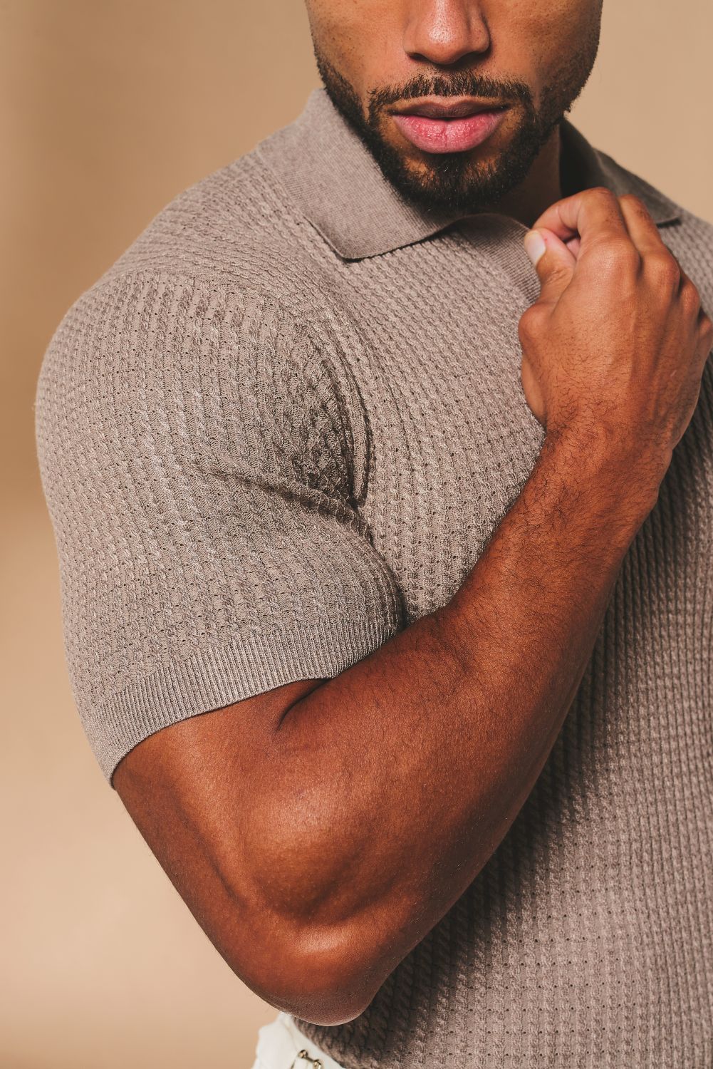 Fine Cable Knitted Open Collar Polo Shirt in Mocha Marl - Image 3