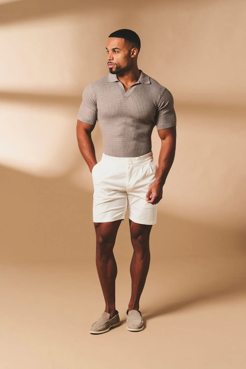 Fine Cable Knitted Open Collar Polo Shirt in Mocha Marl - Image 4