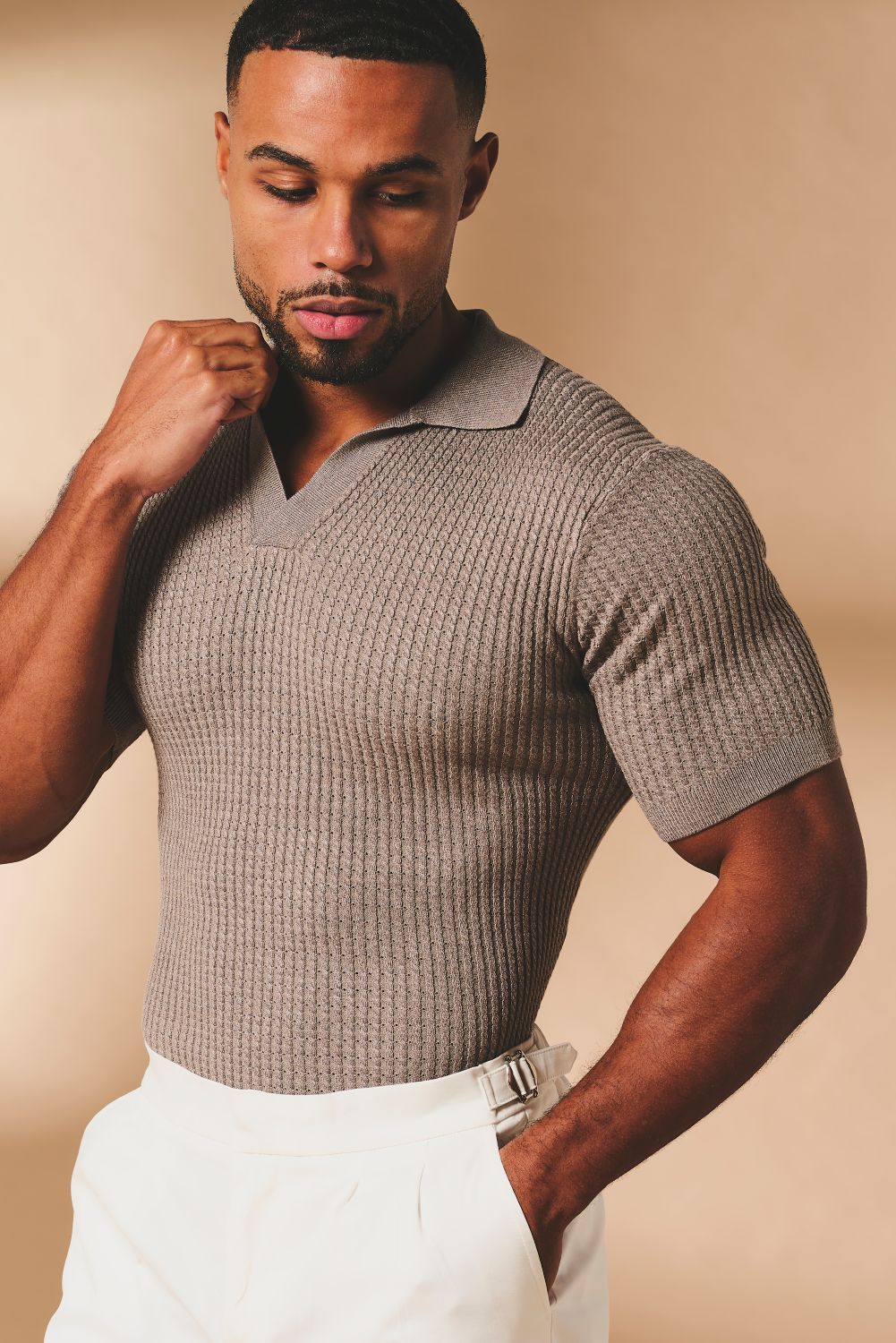 Fine Cable Knitted Open Collar Polo Shirt in Mocha Marl - Image 5