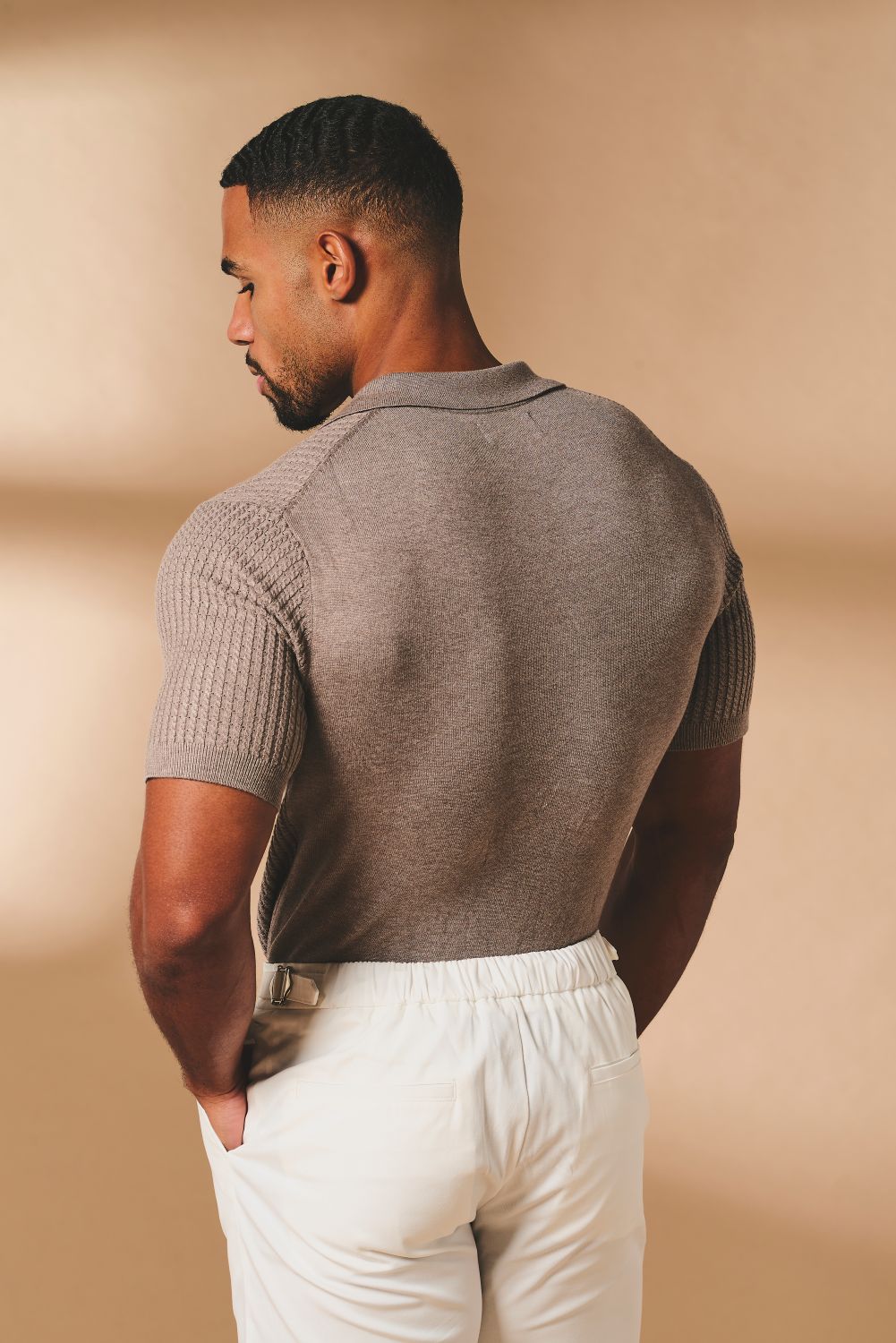 Fine Cable Knitted Open Collar Polo Shirt in Mocha Marl - Image 6