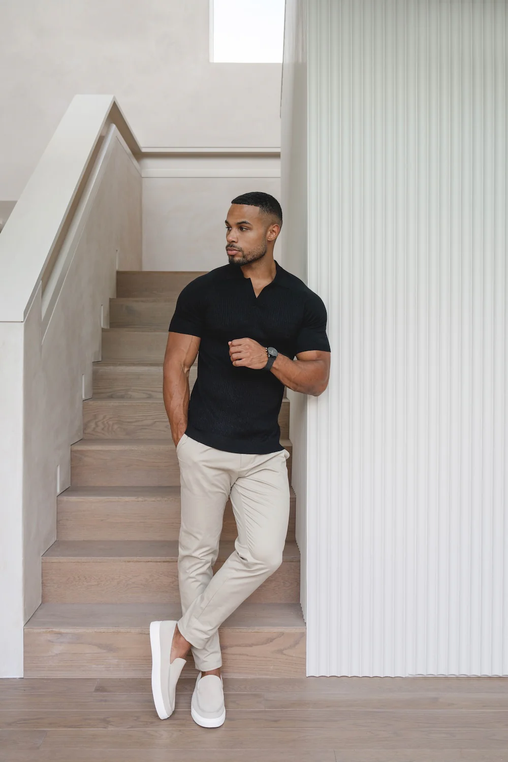 Fine Cable Knitted Polo Shirt in Black - Image 2