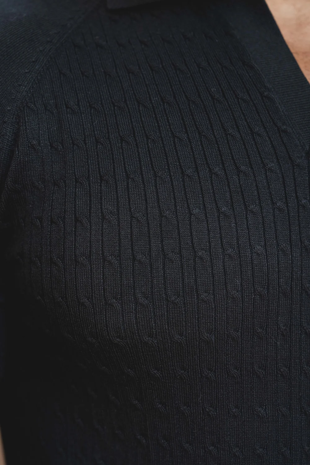 Fine Cable Knitted Polo Shirt in Black - Image 6