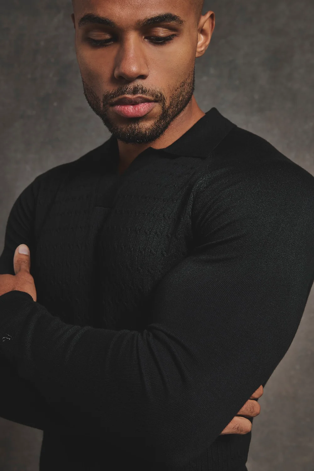 Fine Cable Knitted Polo Shirt in Black - Image 6