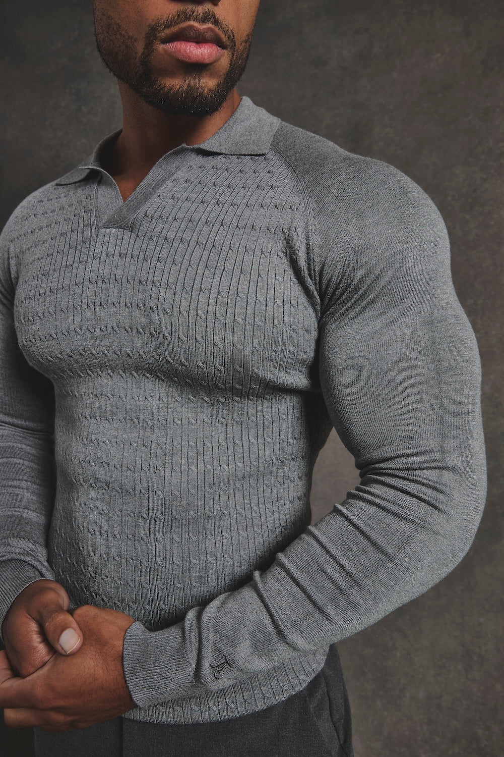 Fine Cable Knitted Polo Shirt in Grey Marl - Image 6