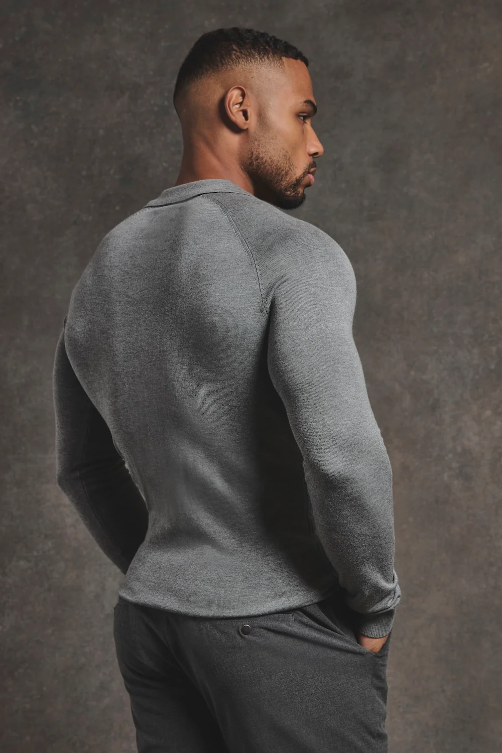 Fine Cable Knitted Polo Shirt in Grey Marl - Image 7