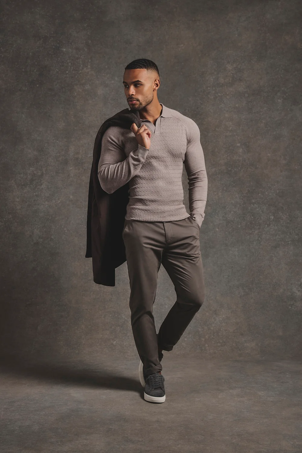 Fine Cable Knitted Polo Shirt in Neutral Marl - Image 2