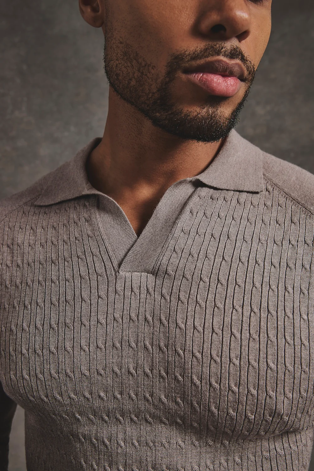Fine Cable Knitted Polo Shirt in Neutral Marl - Image 3