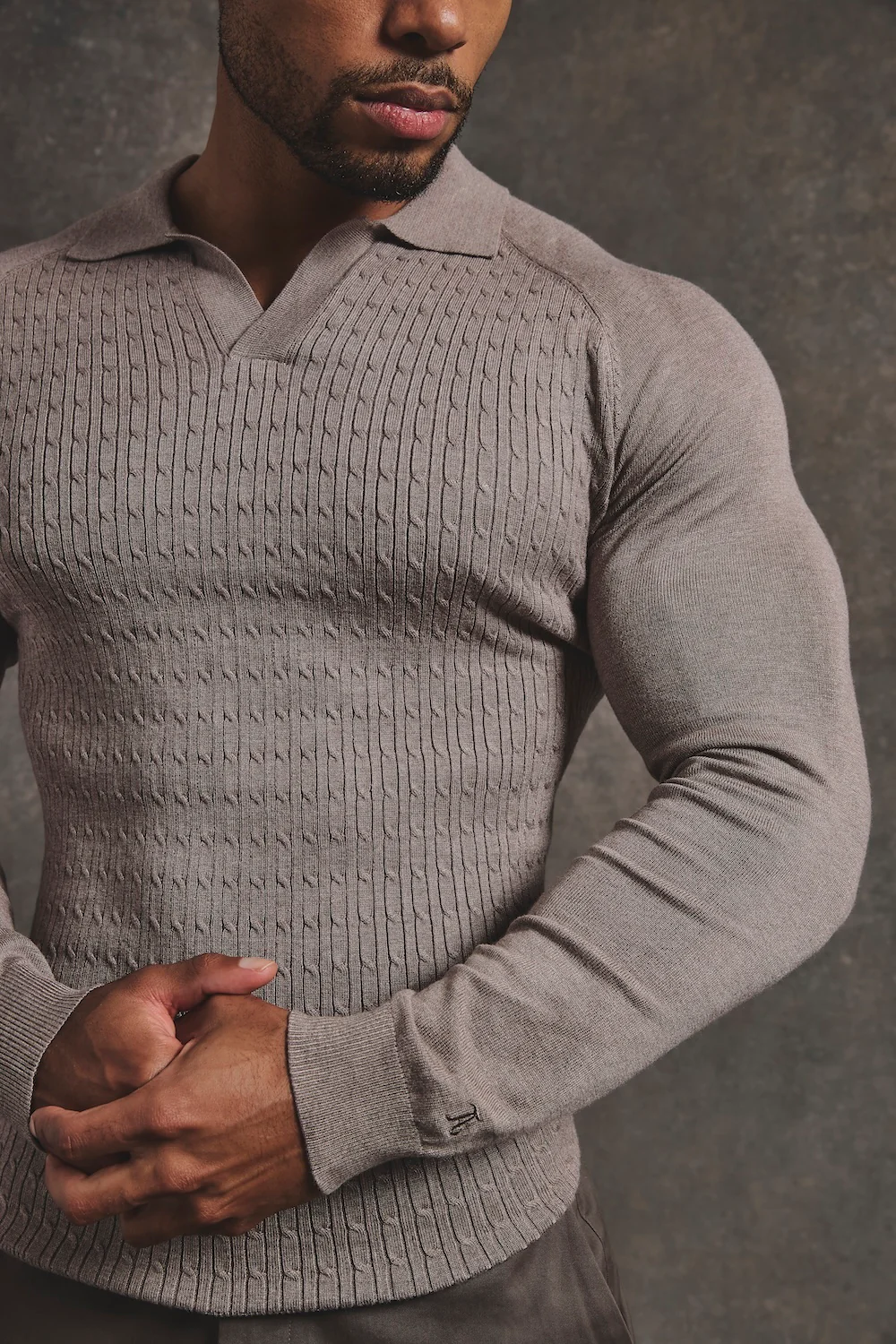 Fine Cable Knitted Polo Shirt in Neutral Marl - Image 6