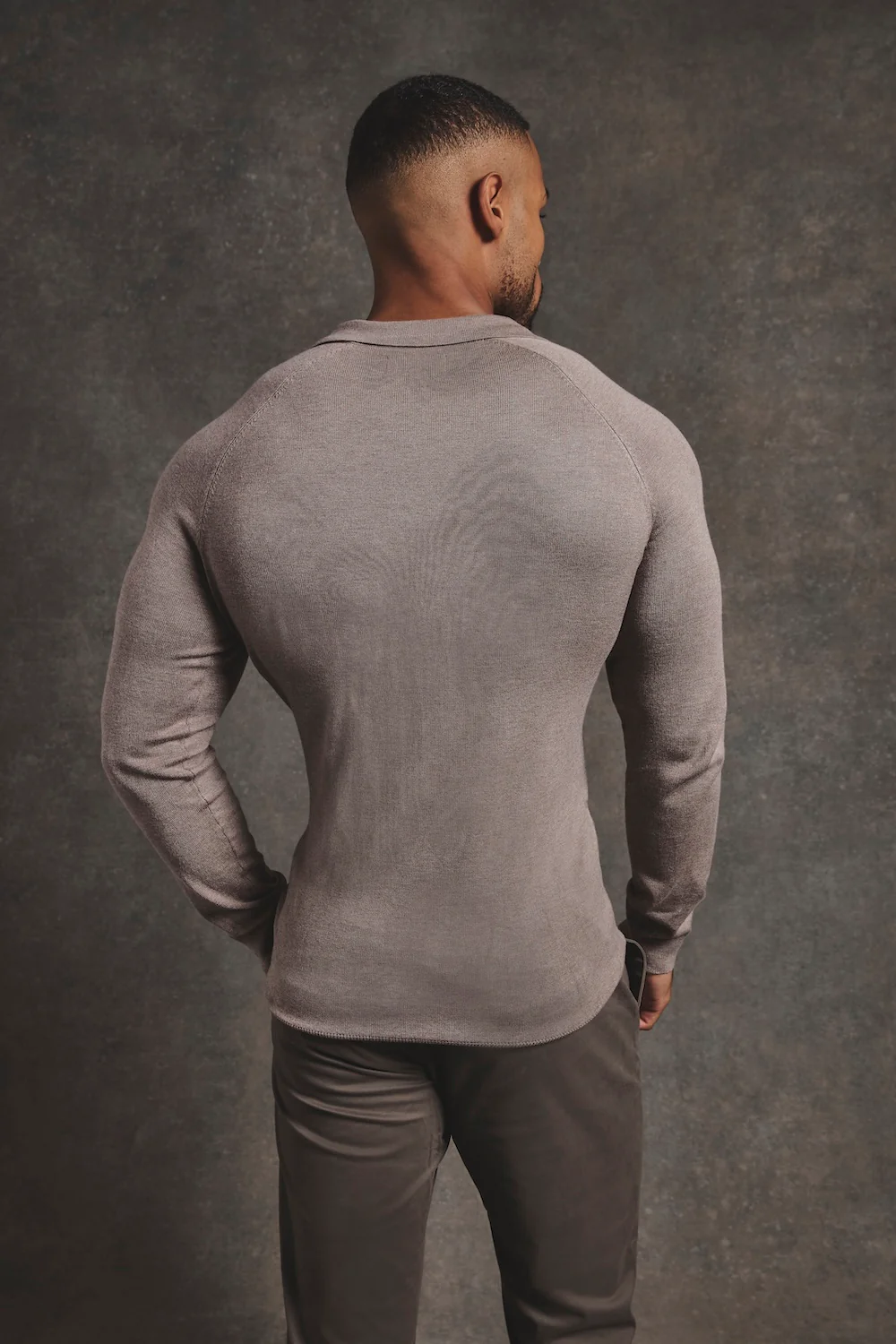 Fine Cable Knitted Polo Shirt in Neutral Marl - Image 8