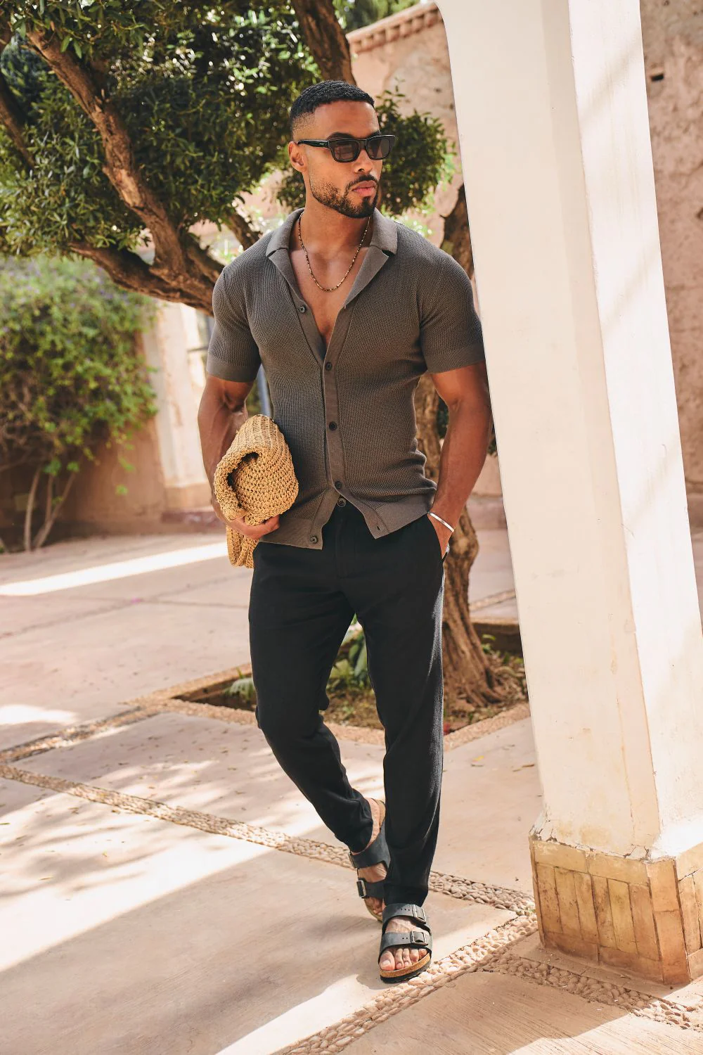 Fine Textured Cuban Collar Knitted Shirt in Dark Clay - Image 3