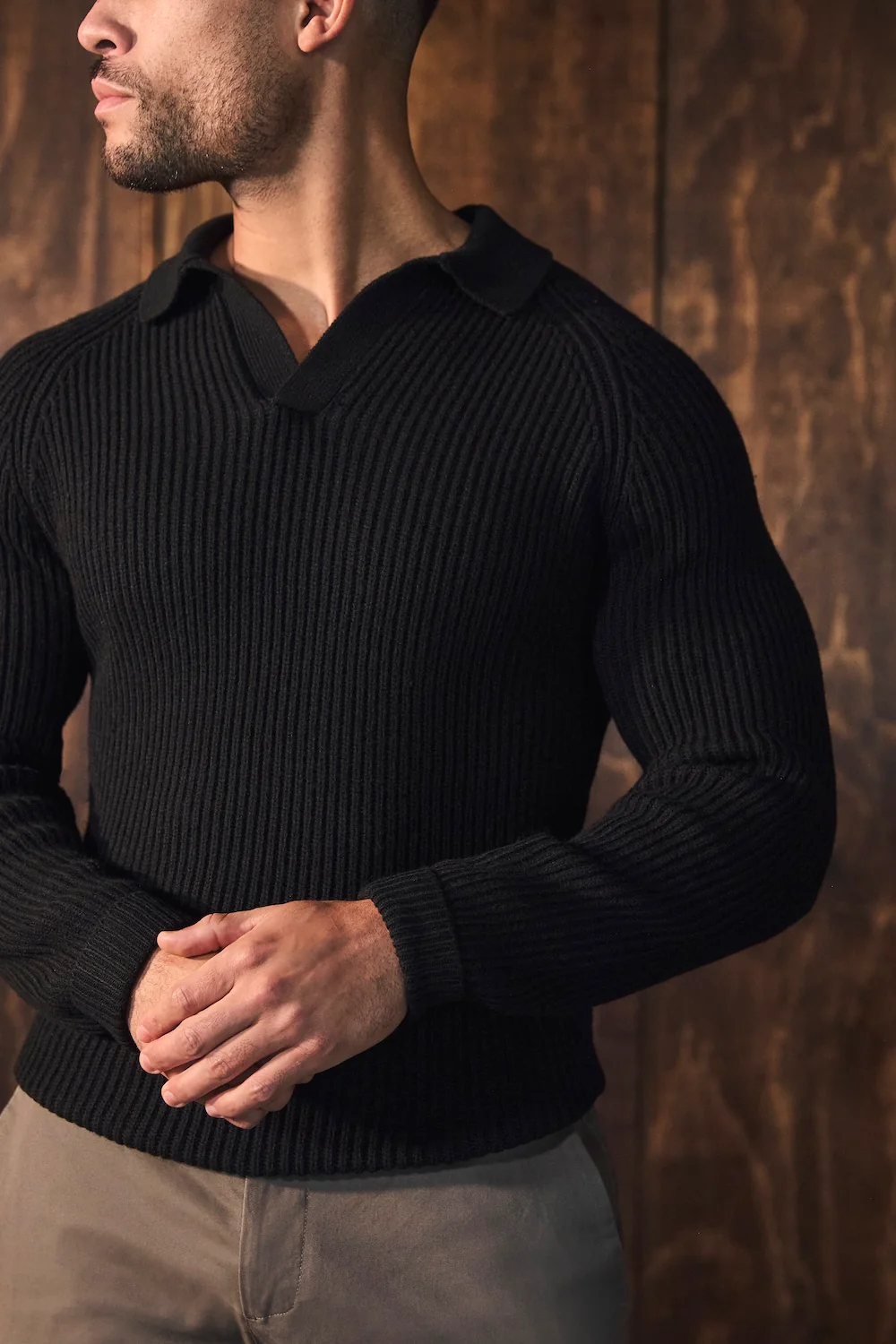 Fisherman Rib Open Collar Polo Shirt in Black - Image 3