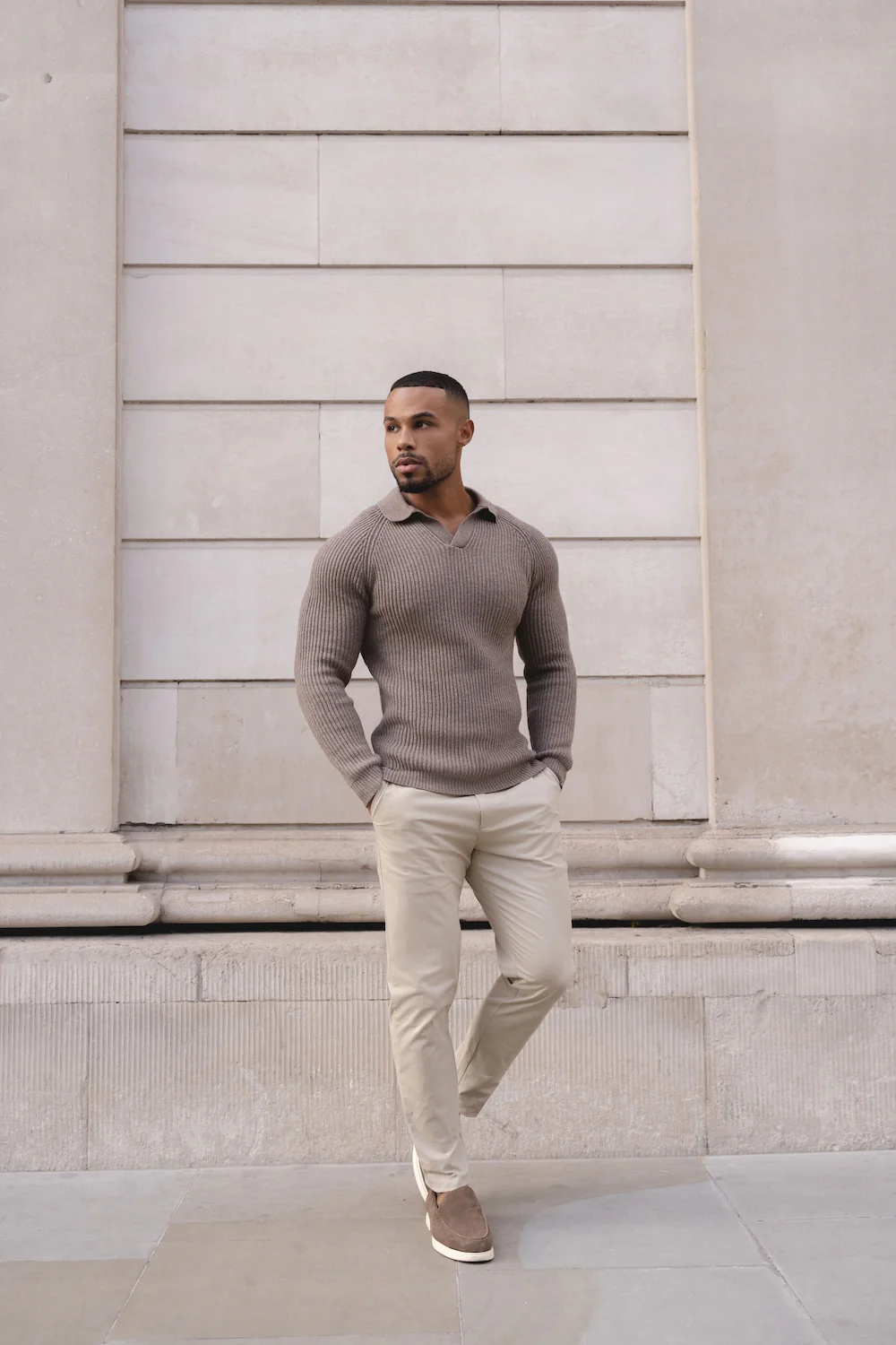 Fisherman Rib Open Collar Polo Shirt in Brown - Image 2