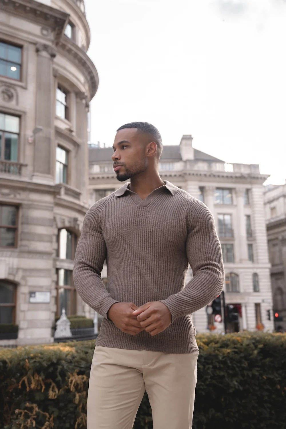 Fisherman Rib Open Collar Polo Shirt in Brown - Image 4