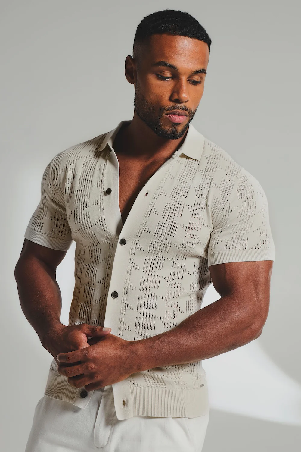 Geo Crochet Knitted Shirt in Neutral - Image 4
