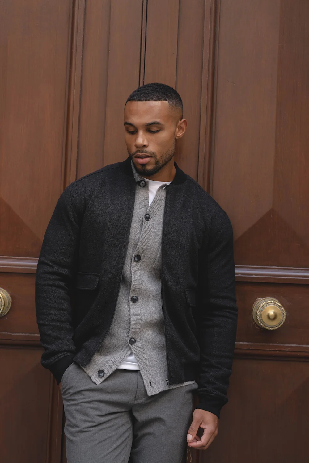 Herringbone Bomber Jacket in Dark Charcoal