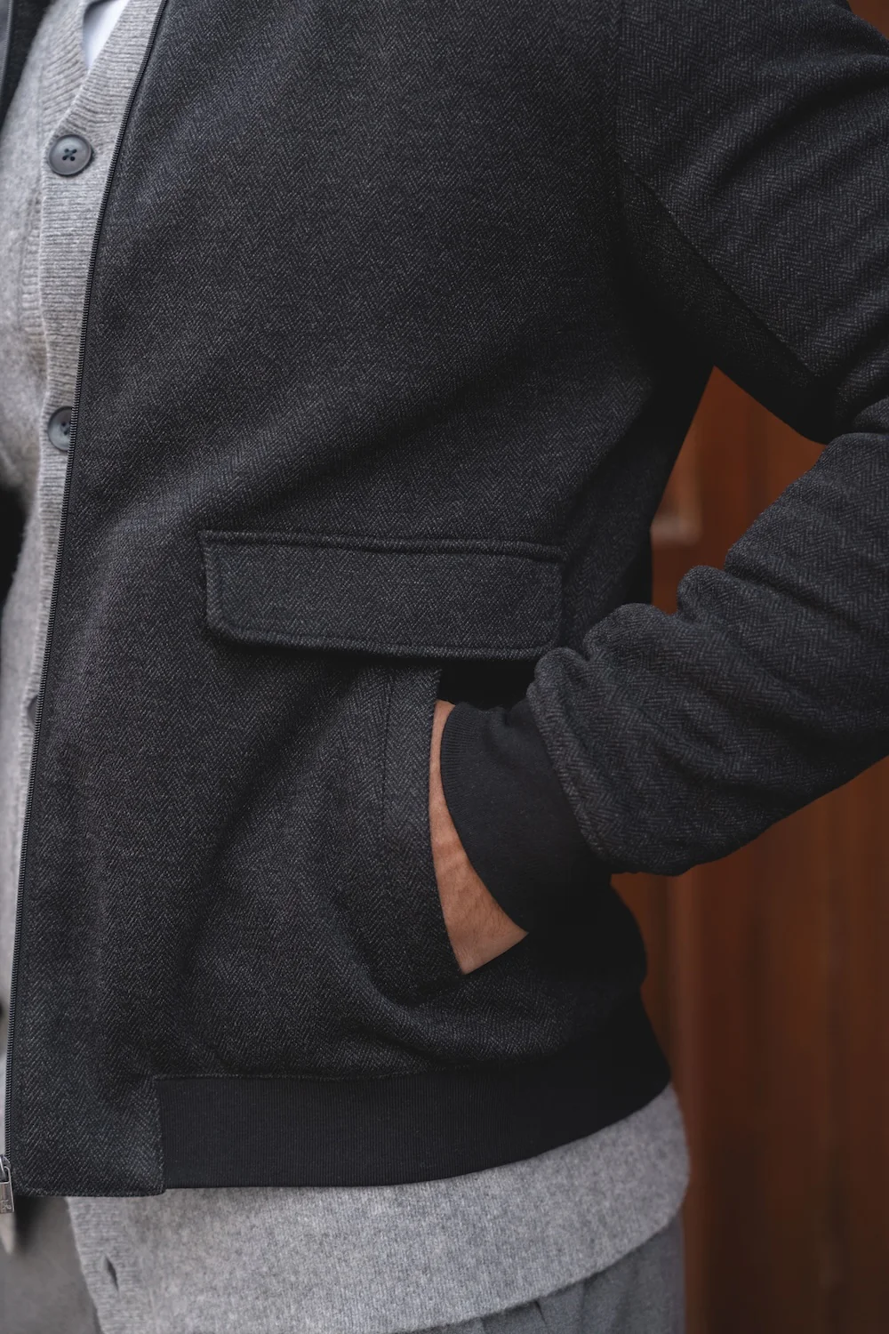 Herringbone Bomber Jacket in Dark Charcoal - Image 5