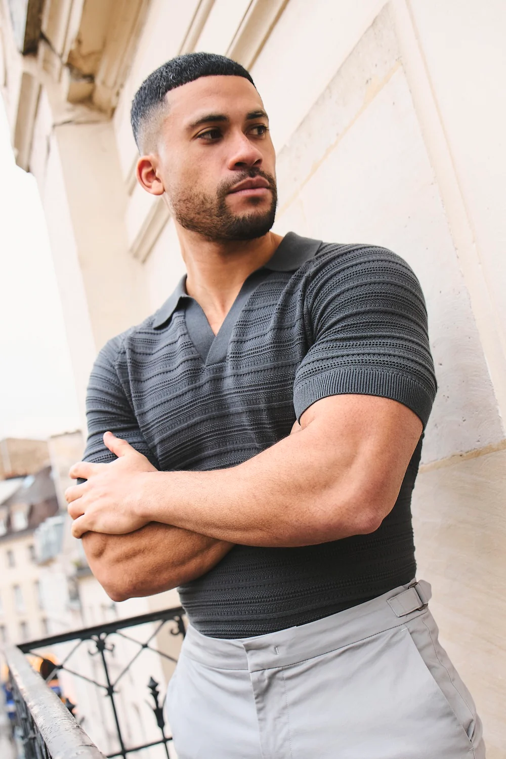 Horizontal Stripe Cotton Knitted Polo Shirt in Grey