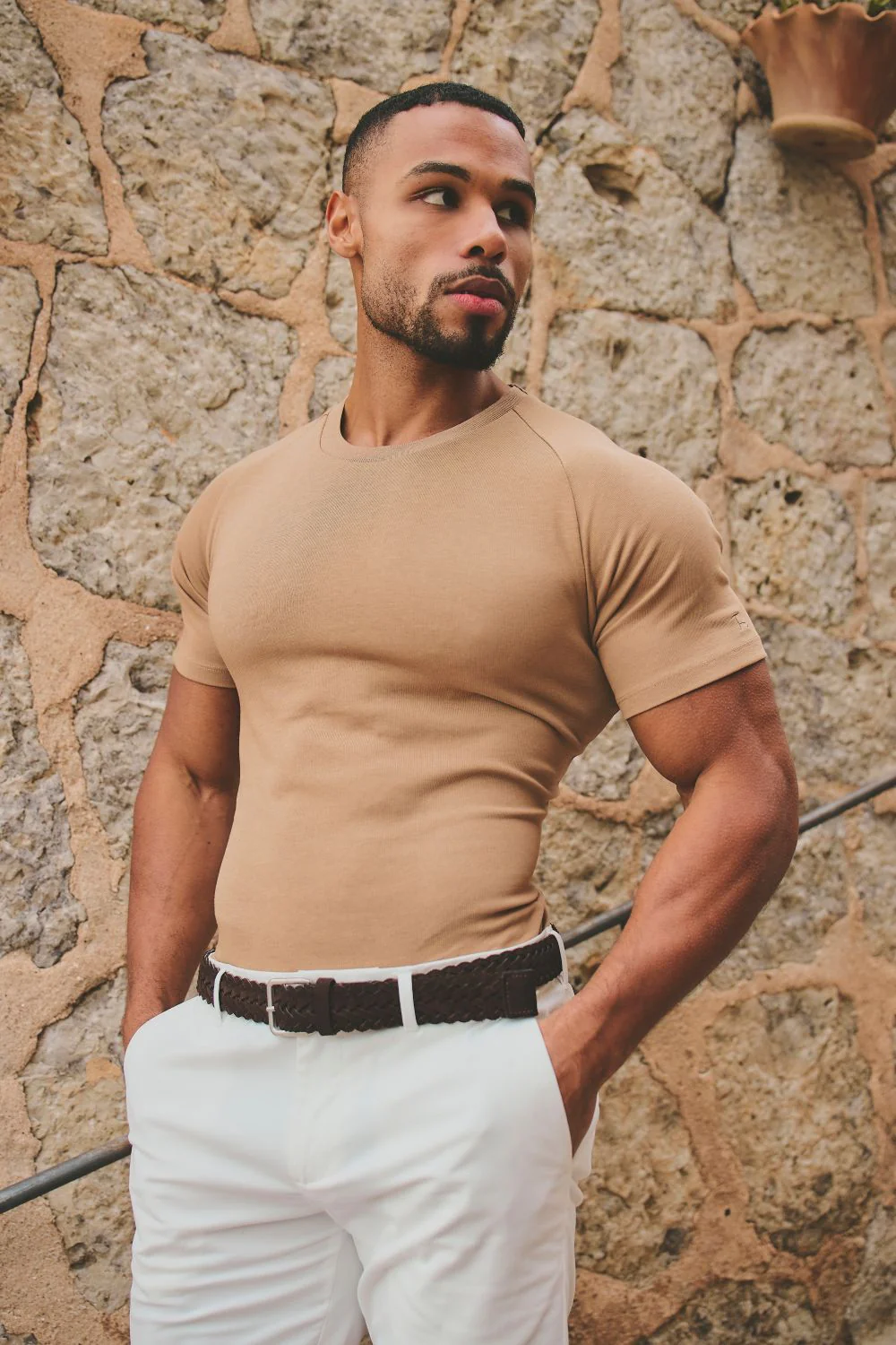 Knit Look T-Shirt in Tan - Image 3