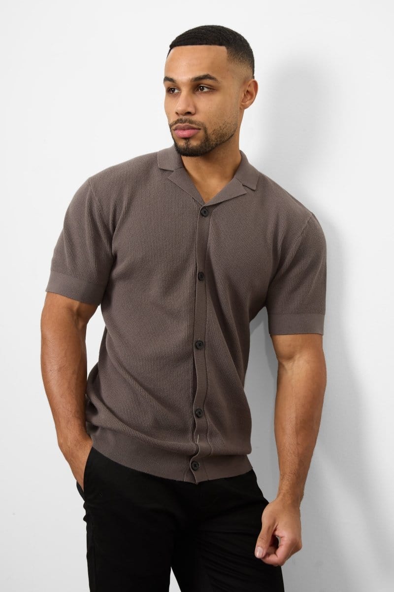 Knitted Cuban Collar Shirt in Dark Mole - Image 4