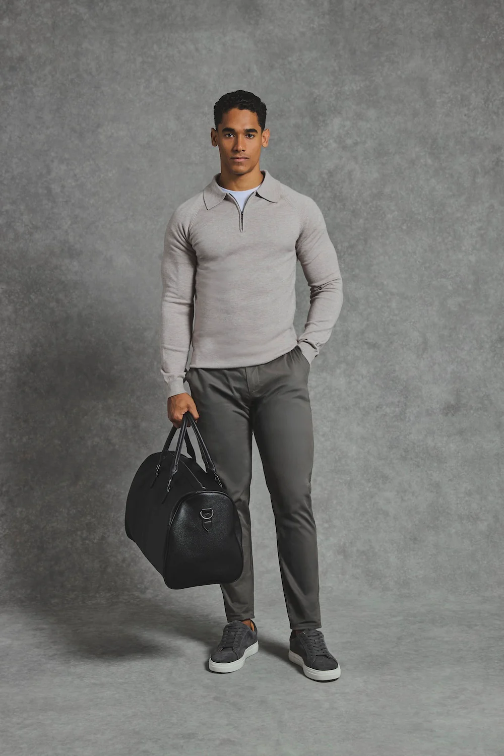 Knitted Half Zip Polo Shirt in Dark Oatmeal - Image 2