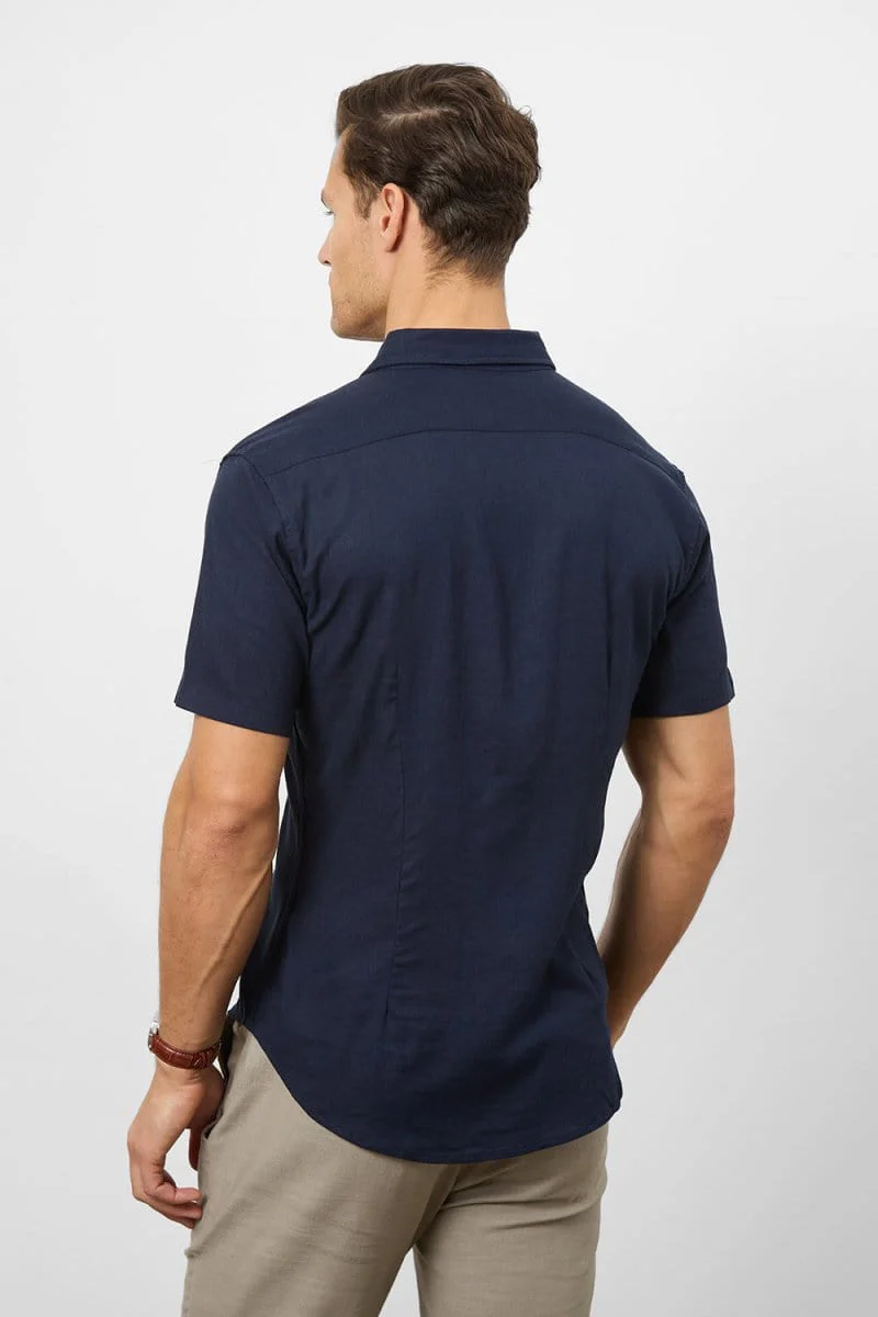 Stretch Linen Blend Button Through Shirt in Navy - Image 7